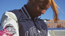 Load and play video in Gallery viewer, Live Above Arched Varsity Jacket - Navy Blue
