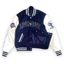 Load image into Gallery viewer, Live Above Arched Varsity Jacket - Navy Blue
