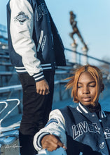 Load image into Gallery viewer, Live Above Arched Varsity Jacket - Navy Blue
